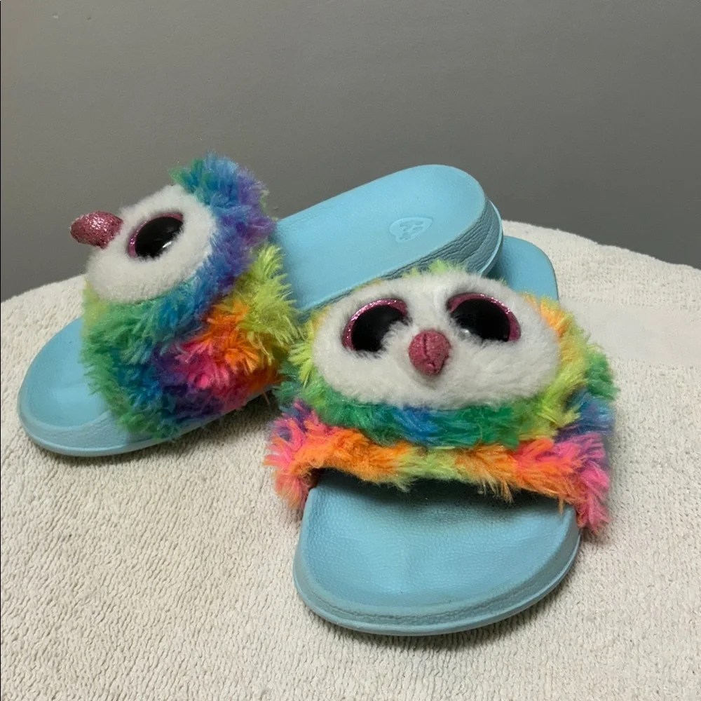 Ty Owl Owen plush colorful rainbow Kids slipOn plush Slide Sandals size 11-13